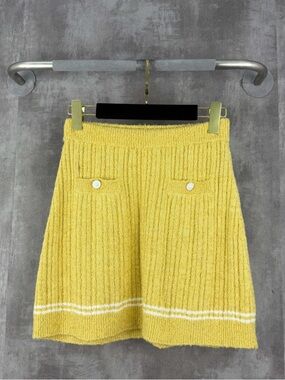 🚩authentic CHANEL Yellow Ribbed Knit A-Line Skirt with White Stripe Trim
